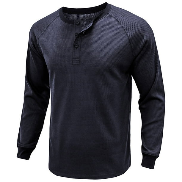 pstuiky Camisas casuales de manga larga para hombre, Suéter deportivo informal de color liso con cuello redondo y botones para hombre, blusa de manga larga con cuello redondo l