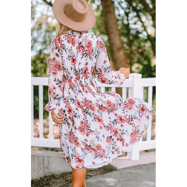 ABPHQTO Vestido A Media Pierna Con Volantes Y Manga Abullonada Con Estampado Floral Beige De Mujer