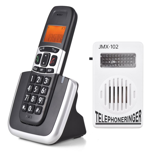 Expandable cordless phone system with ringer amplifier, featuring a black handset with an orange backlit display, placed on a sleek black and silver base. Includes a white telephone ringer amplifier labeled 'JMX-102' with a speaker grille and LED indicator. Supports 5 handset connections, 3-line display, and dual-mode caller ID. Suitable for conference calls and dialing barring functions. Comes with a power adapter, rechargeable batteries, and user manual.