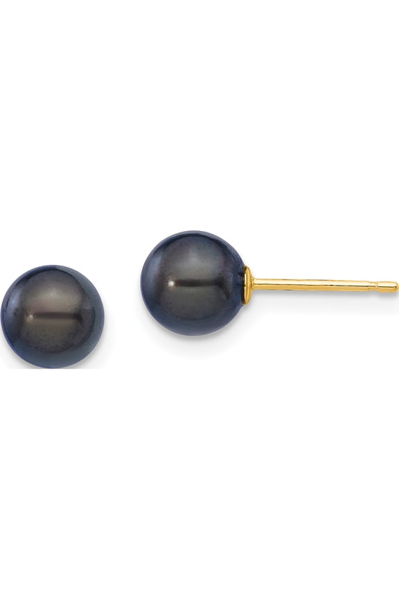 14K Yellow Gold 6-7mm Round Black Saltwater Akoya Cultured Pearl Stud Post Earrings Made In Canada xf333e