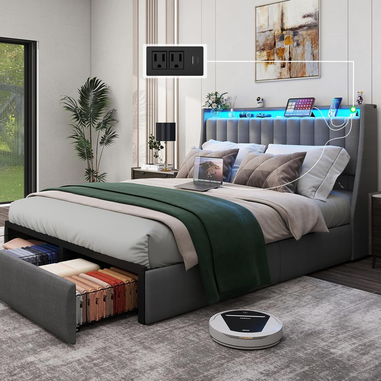 DRNANLIT Queen Bed Frame with 2 Storage Drawers, Platform Bed Frame Queen Size with LED Light, Upholstered Headboard, Charging Station, Steel Slat Support, No Box Spring Needed,Gray