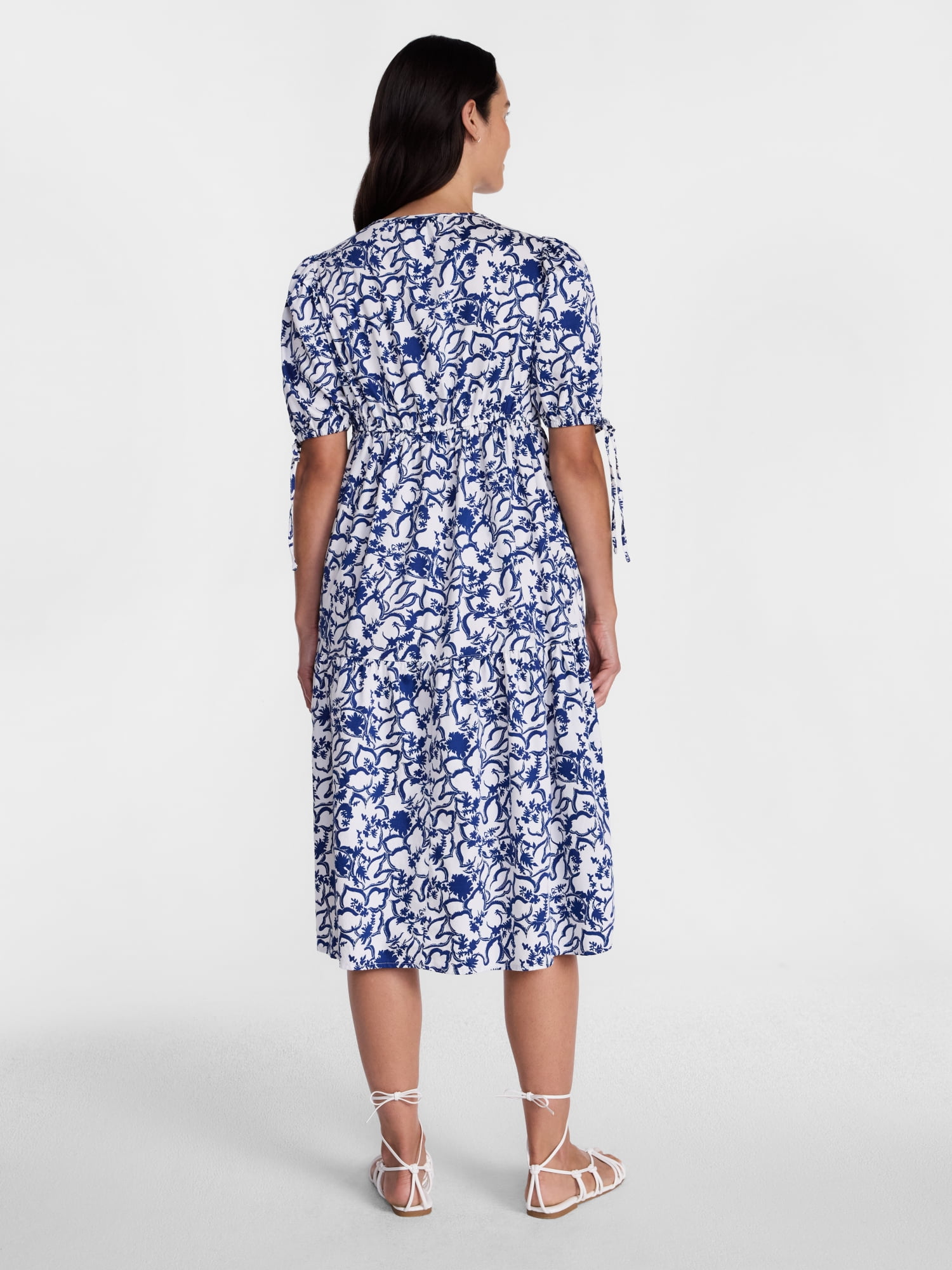 Time and Tru Women's Tiered Midi Dress with Tie Puff Sleeves, Sizes XS-XXXL