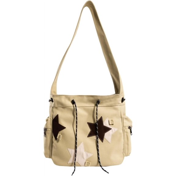 Y2K Star Canvas Messenger Bag Cute Tote Bags Aesthetic Small Shoulder Travel Crossbody Bags for Women-beige-