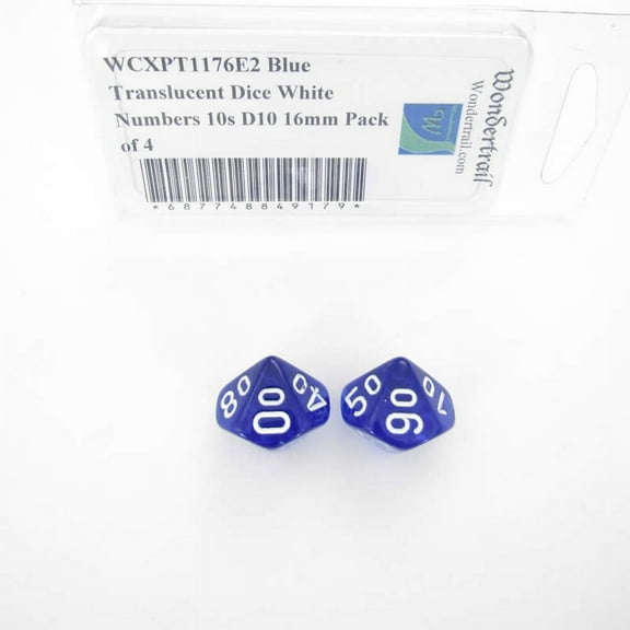 Blue Translucent Dice with White Numbers 10s D10 Aprox 16mm (5/8in) Pack of 2 Wondertrail