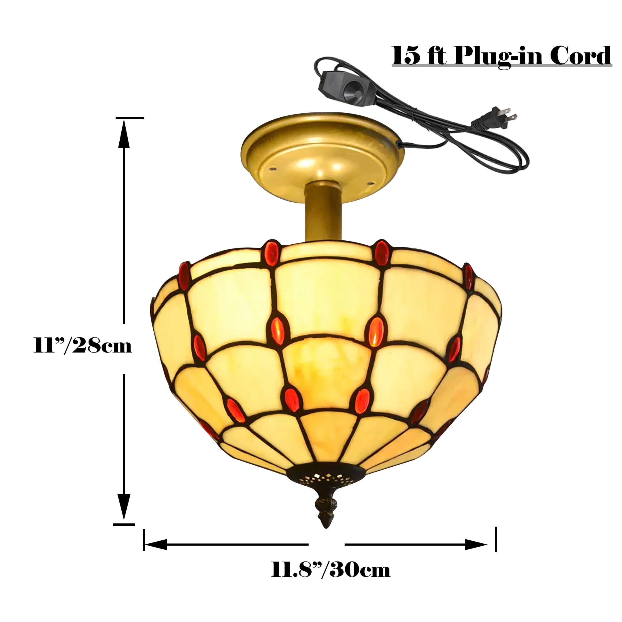 Kiven 11.8in Plug-in Flush Mount Ceiling Light Fixture, 2-Light Anti Glare Close to Ceiling Light with 15FT Cord, Tiffany-Style Glass Chandelier Dimmable for Bedroom Kitchen Hallway(No.3185)