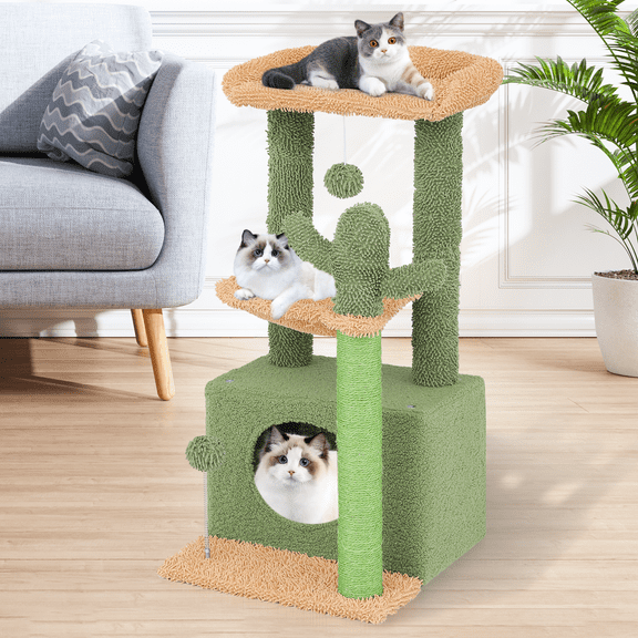 Magshion Cactus Cat Tree, 33.5'' Cat Tower for Indoor Cats w/ Scratching Post, Hanging Ball, Activity Center Cat Play House Climbing Tree with Perch