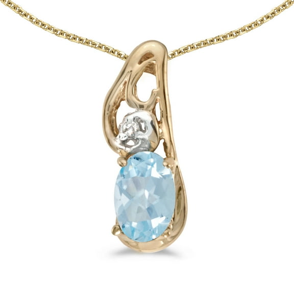 10k Yellow Gold Oval Aquamarine And Diamond Pendant with 18" Chain
