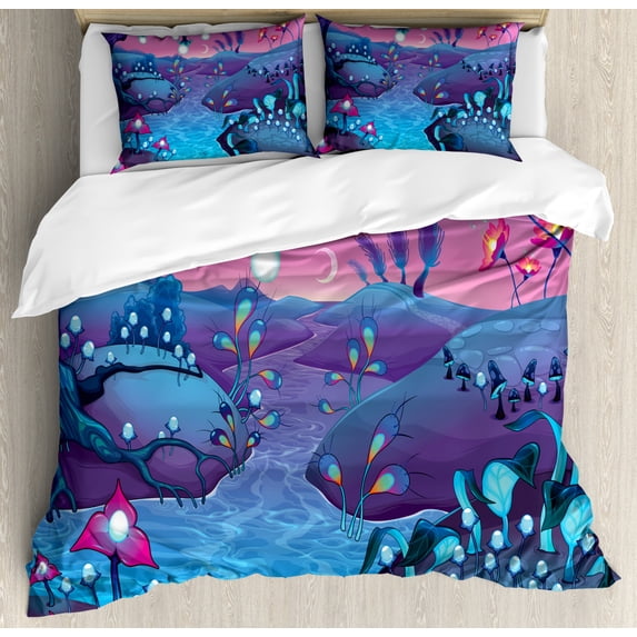 Mushroom Duvet Cover Set, Cartoon Style Fantasy Nocturnal Landscape with the River Mushrooms and Trees, Decorative 3 Piece Bedding Set with 2 Pillow Shams, Queen Size, Blue Fuchsia, by Ambesonne