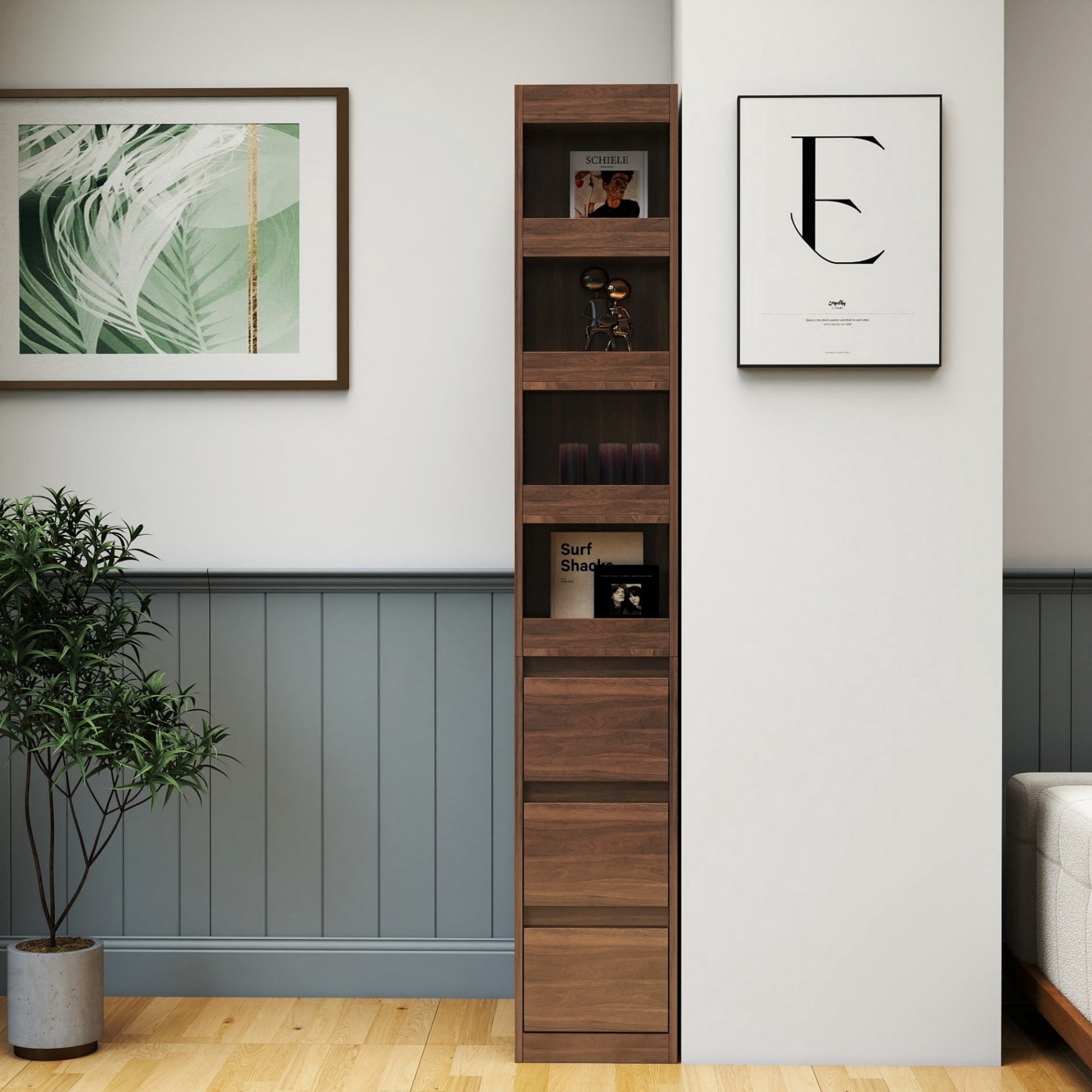 70.8" Tall Bookcase with Side Drawers and Display Shelves, 4 Tier Storage Cabinet with 3 Drawers & Small Display Cubes, Modern Wooden Bookshelf Organizer for Living Room, Home Office, Walnut