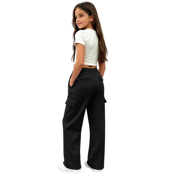 LRen Girls Sweatpants Kids Cargo Pants Preppy Wide Leg Baggy Sweat Pants Teen Joggers Casual Preppy Back To School Trousers with Pockets 5-14 Years