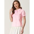 thumbnail image 3 of DARING DIVA Women's Puff Sleeve Peter Pan Collar Tie Neck Button-Up Shirt S Pink, 3 of 6