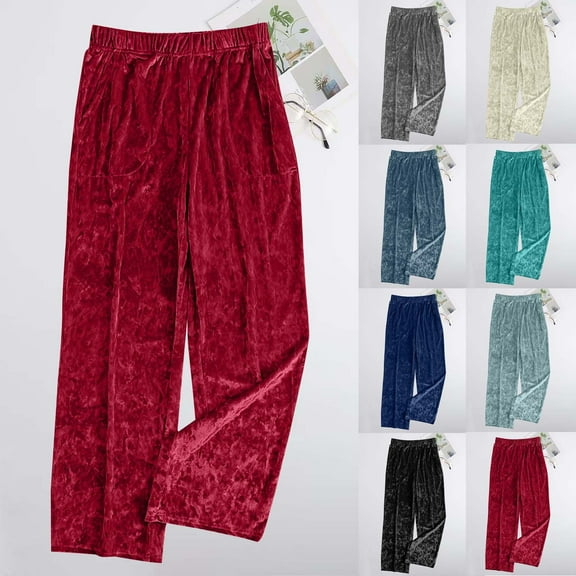 ZZwxWA Flare Velvet Pants for Women Solid Wide Leg Stretch Elastic Waist Casual Trousers Soft Sports Joggers with Pockets