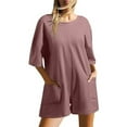 thumbnail image 6 of Busydd Womens Jumpsuit Solid Color Round Neck Rompers Overalls Short Sleeve Loose Fit Lounge Shorts Jumpsuits Casual Versatile Oversized Overfits One Piece Workout Jumpsuits with Pockets, 6 of 8