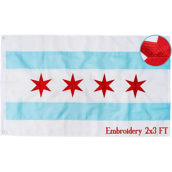 2' x 3' Chicago City Flag 2x3 FT, Embroidered Stars and Double Stitched Sewn Stripes with 2 Brass Grommets, Chicago IL Illinois Flags Outdoor Banner,