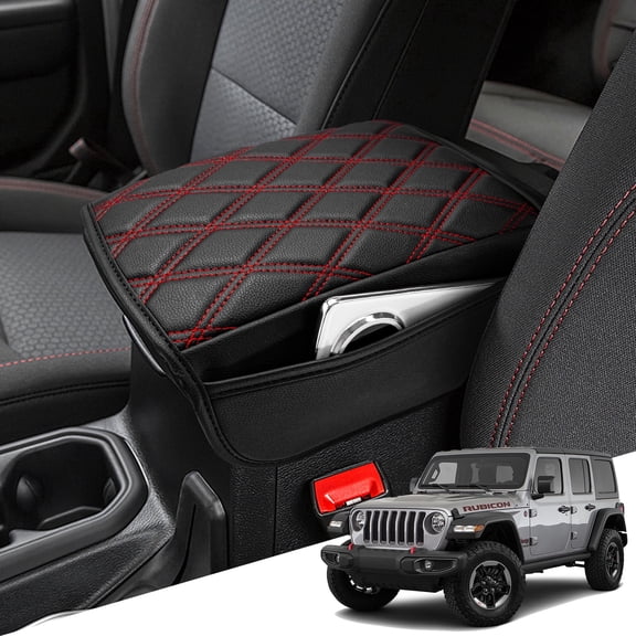 KBH Center Console Armrest Cover for Jeep Wrangler JL 2018-2026 / Gladiator JT 2026-2020 with Organizer Storage Pockets, Leather Middle Console Lid Cover Cushion Pad, Black-Red Stitches