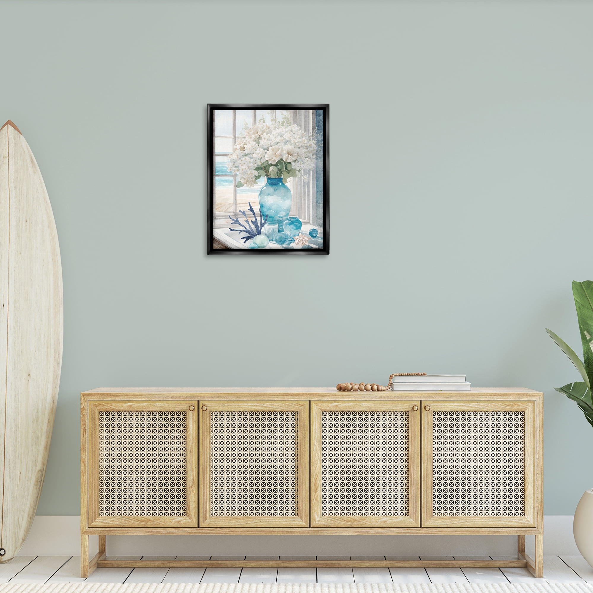 Stupell Industries Coastal Flower Vase Botanical & Floral Painting Black Floater Framed Art Print Wall Art, 25 x 31