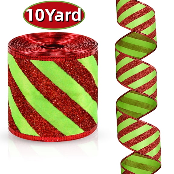 Kabuer Christmas Wired Ribbon -2.5 inch Green with Red Glitter Stripe Ribbon for Christmas Tree Decoration DIY Bows Wreath 10 Yard