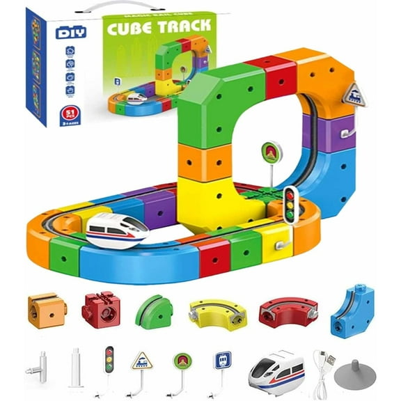BOSALY Magic Cube Train Track – Electric Magnetic Train Track Sets, 3D Embedded Layouts & Motorized Car, Race Car Tracks with Anti-Gravity Educational Toys, Preschool Learning Activities (51pcs)