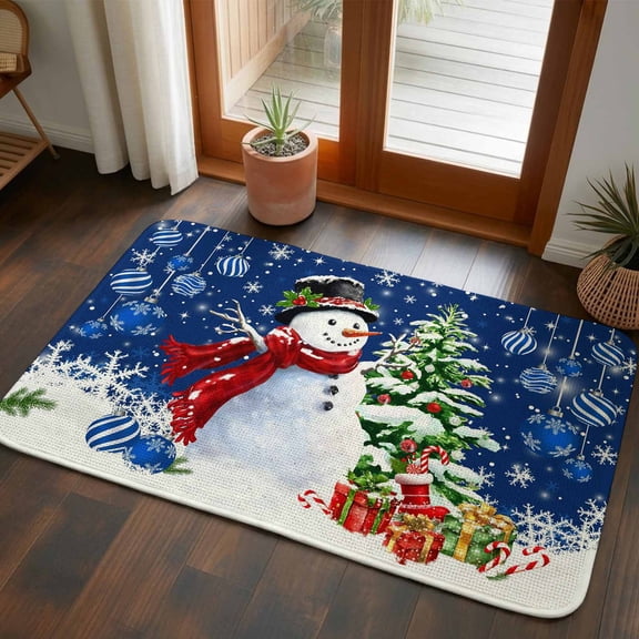 Front Door Mat Indoor Outdoor 19.7"x31.5", Navy Blue Christmas Absorbent Non Slip Welcome Mat, Snowman Xmas Tree Ball Gifts Winter Low Profile Entryway Rug for Front Entrance Porch Back Door Patio