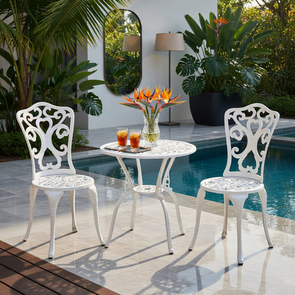 Hommoo 3-Piece Cast Aluminum All-Weather Bistro Set, Patio Table & 2 Chairs with 2-Inch Umbrella Hole, Rust-Resistant Outdoor Furniture for Garden, Poolside & Balcony, White
