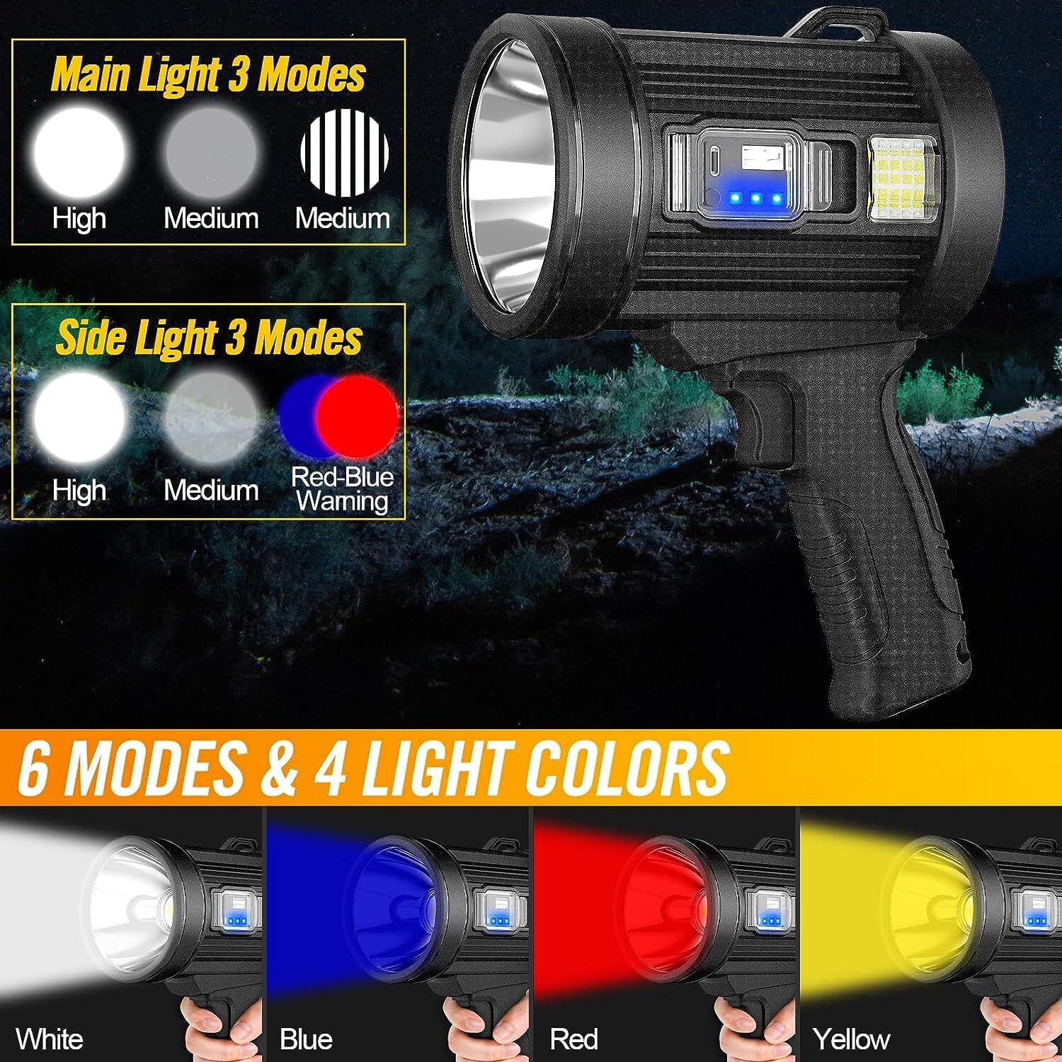 Rechargeable Handheld Spotlight, LED Handheld Flashlight with Solar Panel, Waterproof Spotlight for Camping