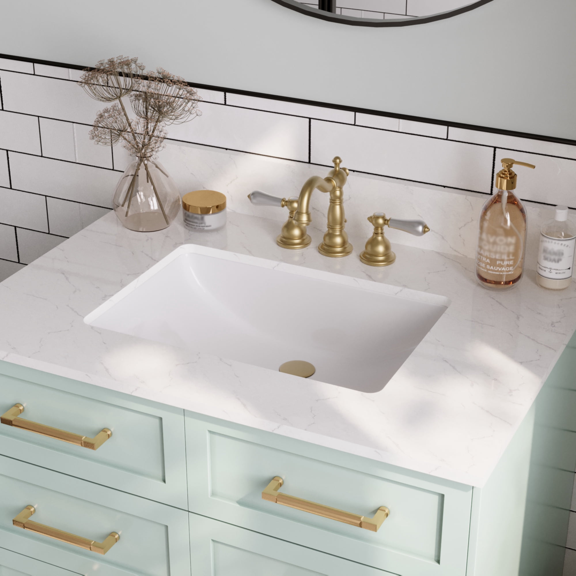 31.1"X22" Engineered Stone Single Bathroom Vanity Top with Ceramic Sink, Three Faucet Holes