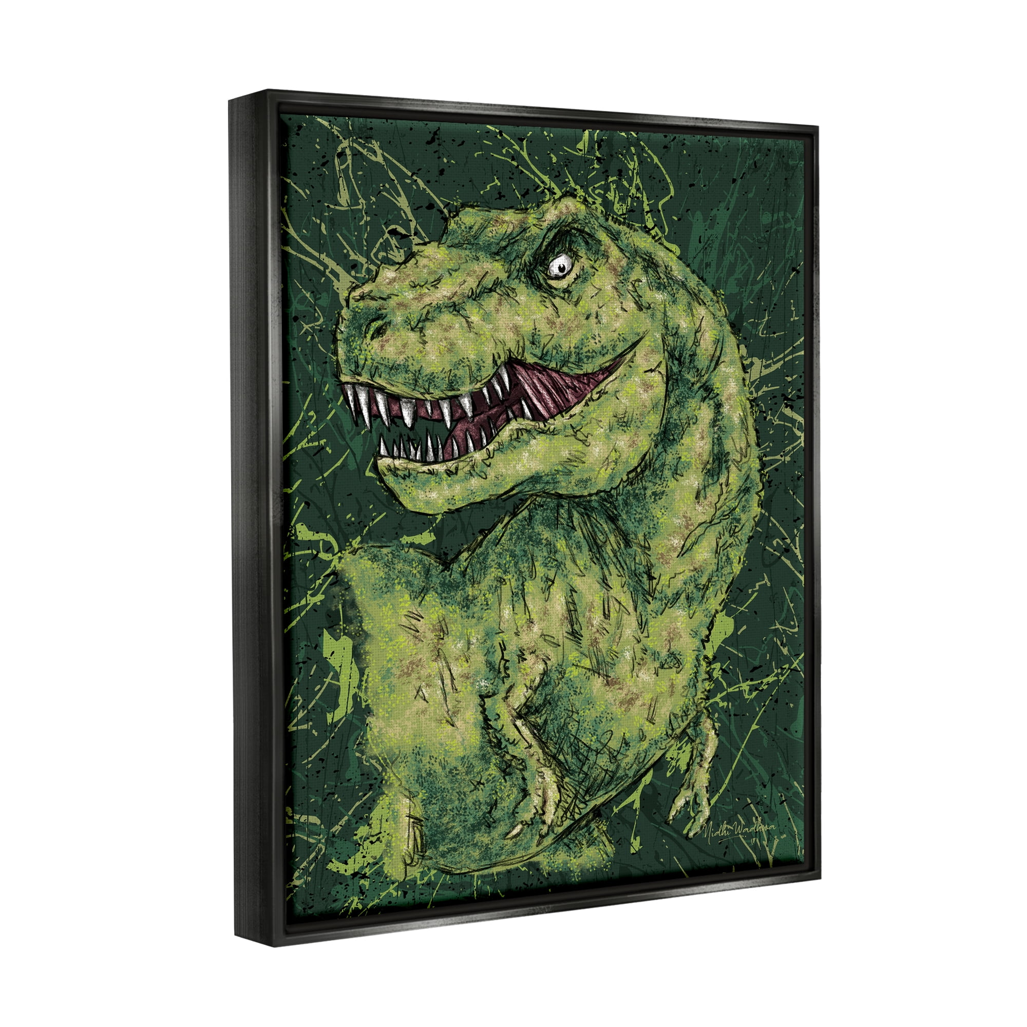 Stupell Industries Green Abstract T-Rex Animals & Insects Painting Black Floater Framed Canvas Art Print Wall Art, 25 x 31