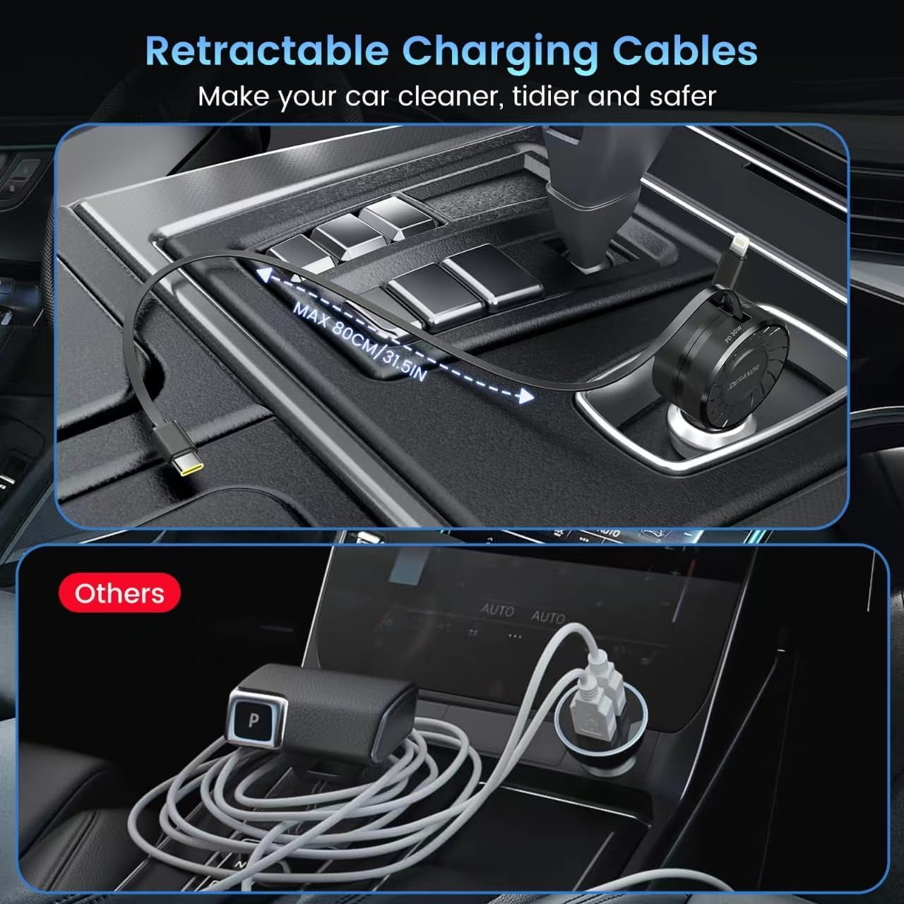 CJBZLCPCOO[2 Pack] Ultra-Small Retractable Car Charger 54W, 3 in 1 Retractable Phone Charger for Car Super Fast Car Charger with Retractable Cord X2 and USB A Charging Port for iPhone 15/14/13,Galaxy