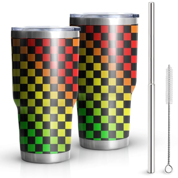 30oz Rainbow Color Checkered Pattern Tumblers Stainless Steel Tumbler with Lid and Straw,Vacuum Insulated Double Wall Travel Tumbler Cups Mug with Cleaning Brush for Coffee,Tea