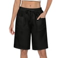 thumbnail image 2 of Womens Elastic Waist Drawstring High Waisted Bermuda Shorts Front Pockets Loose Fit Knee Length Wide Leg Capris Summer Casual Vacation Lounge Wear Bottoms , #01 Black, L, 2 of 7