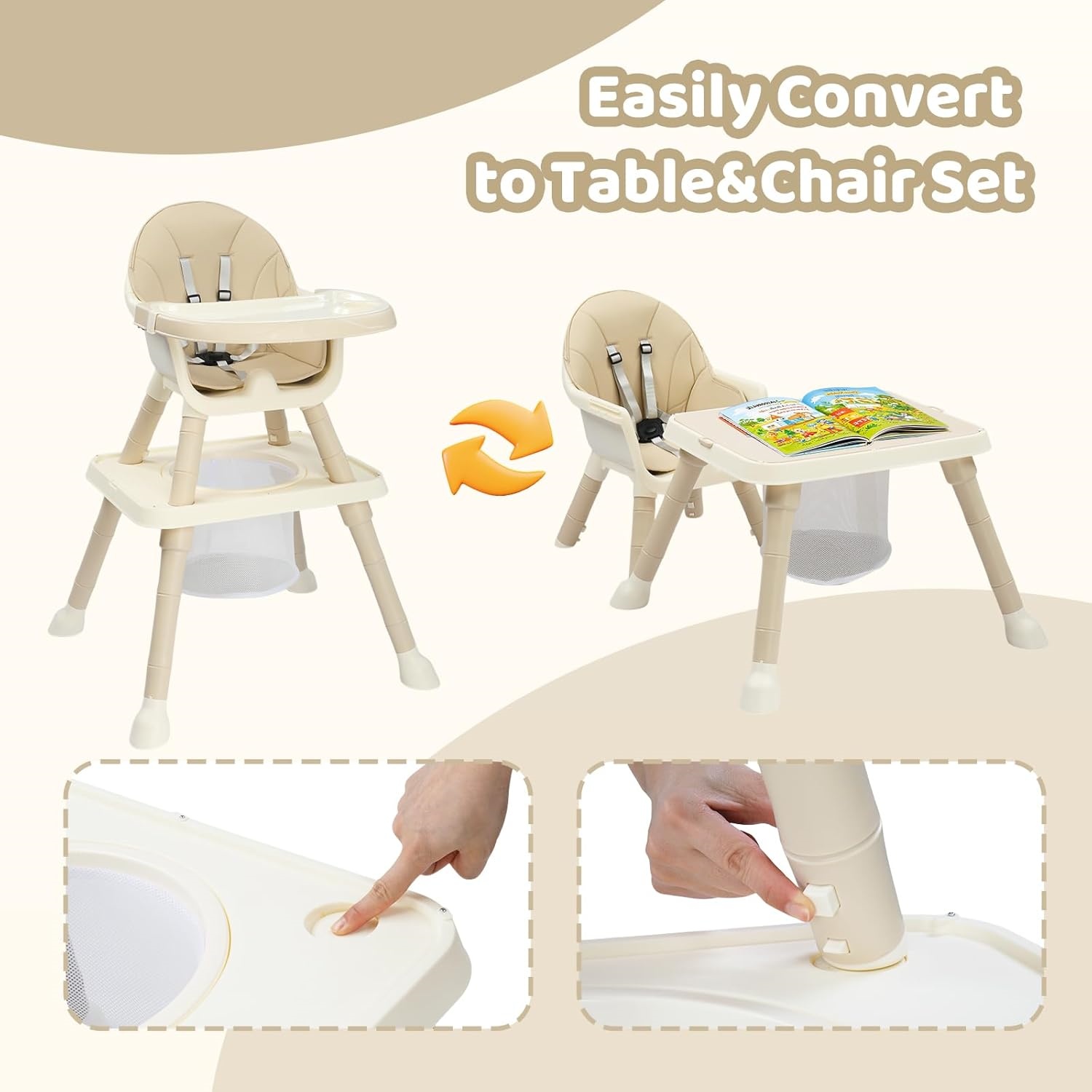 Zimtown Baby High Chair, 6 in 1 Convertible High Chairs for Babies and Toddlers, Portable Feeding Chair with 5-Point Safety Harness, Adjustable Dining Tray, Beige