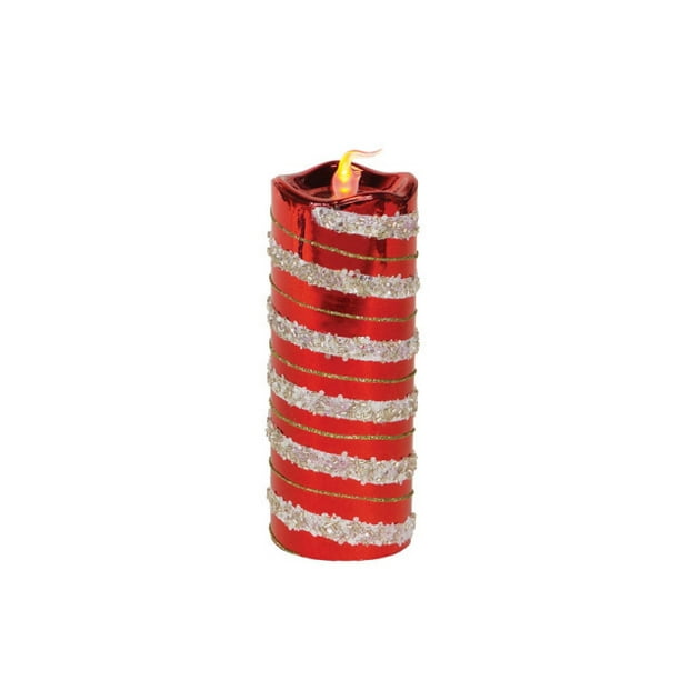 8" Red and Gold Glitter Striped Flameless LED Christmas Pillar Candle