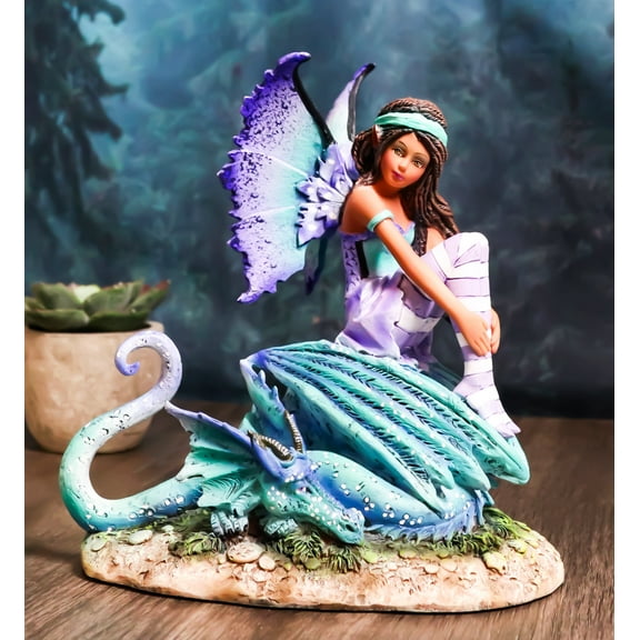 Amy Brown Fantasy Magic Turquoise Ebony Fairy Perching On Water Dragon Figurine