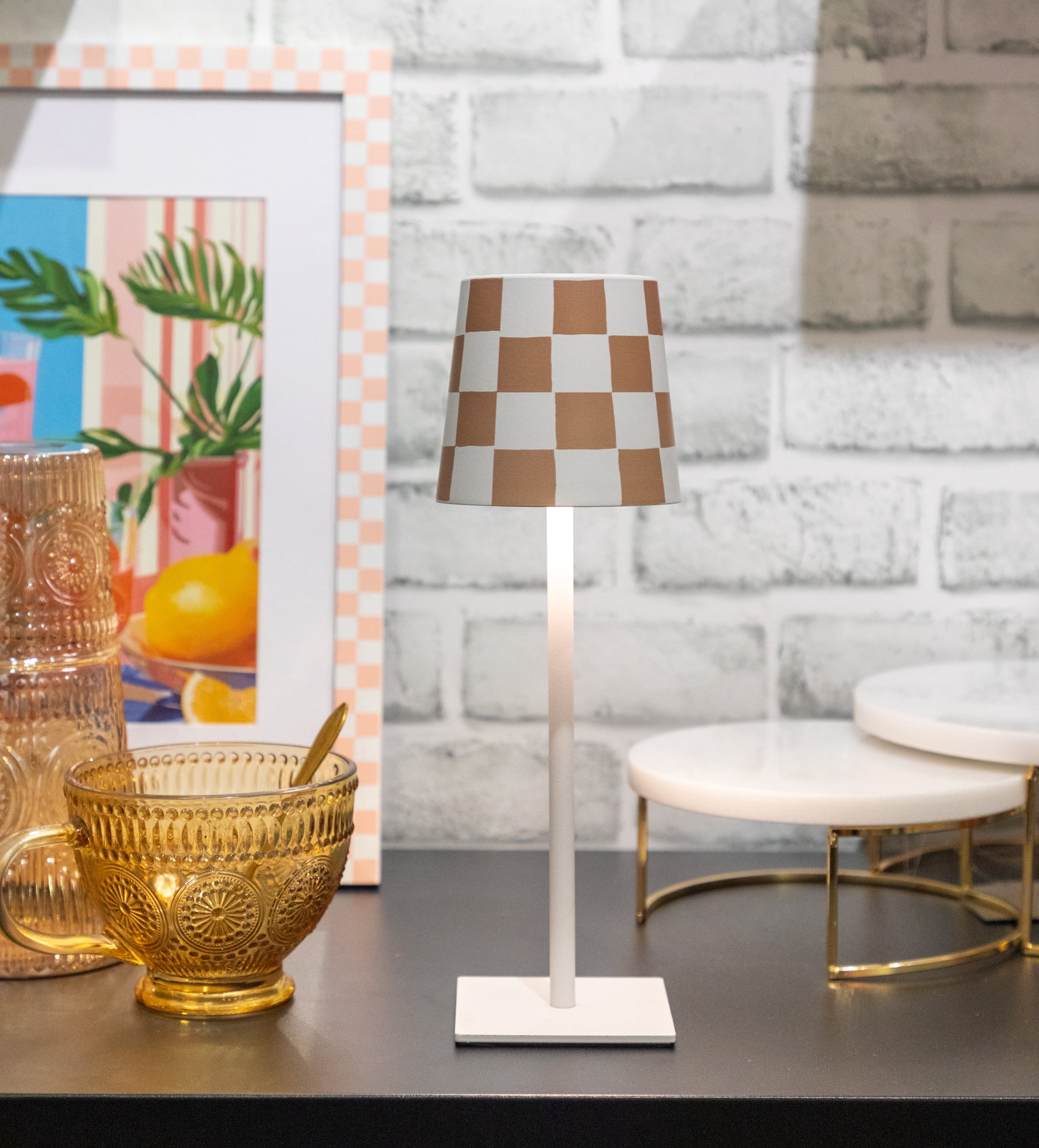 Portable and Rechargeable Tan & White Checkered 11" Touch Lamp with Multi Light Settings