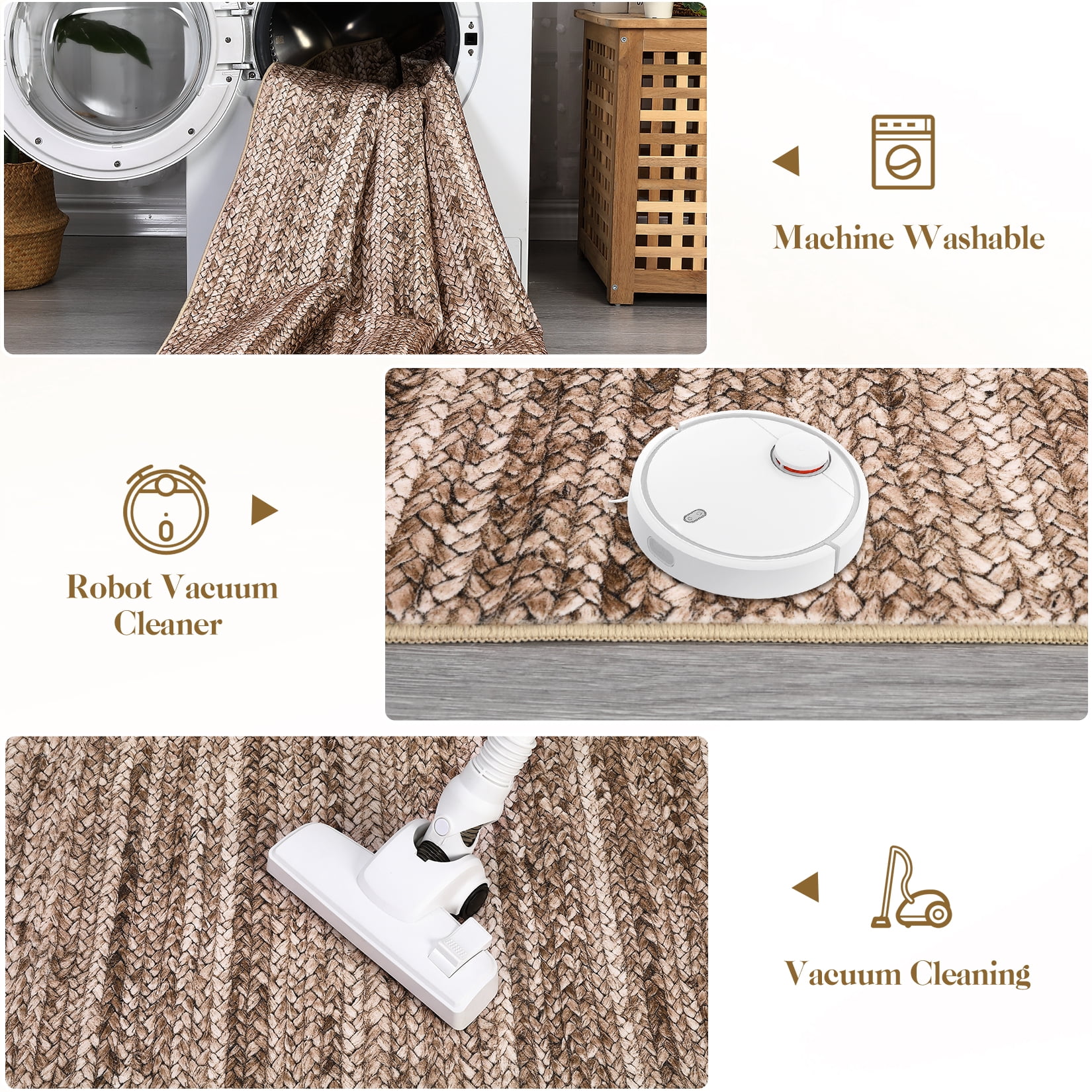 FairOnly 8'x10' Brown Machine Washable Living Room Area Rugs Modern Braided Print Non Slip Rugs for Bedroom Home Office Rug Indoor Floor Carpet