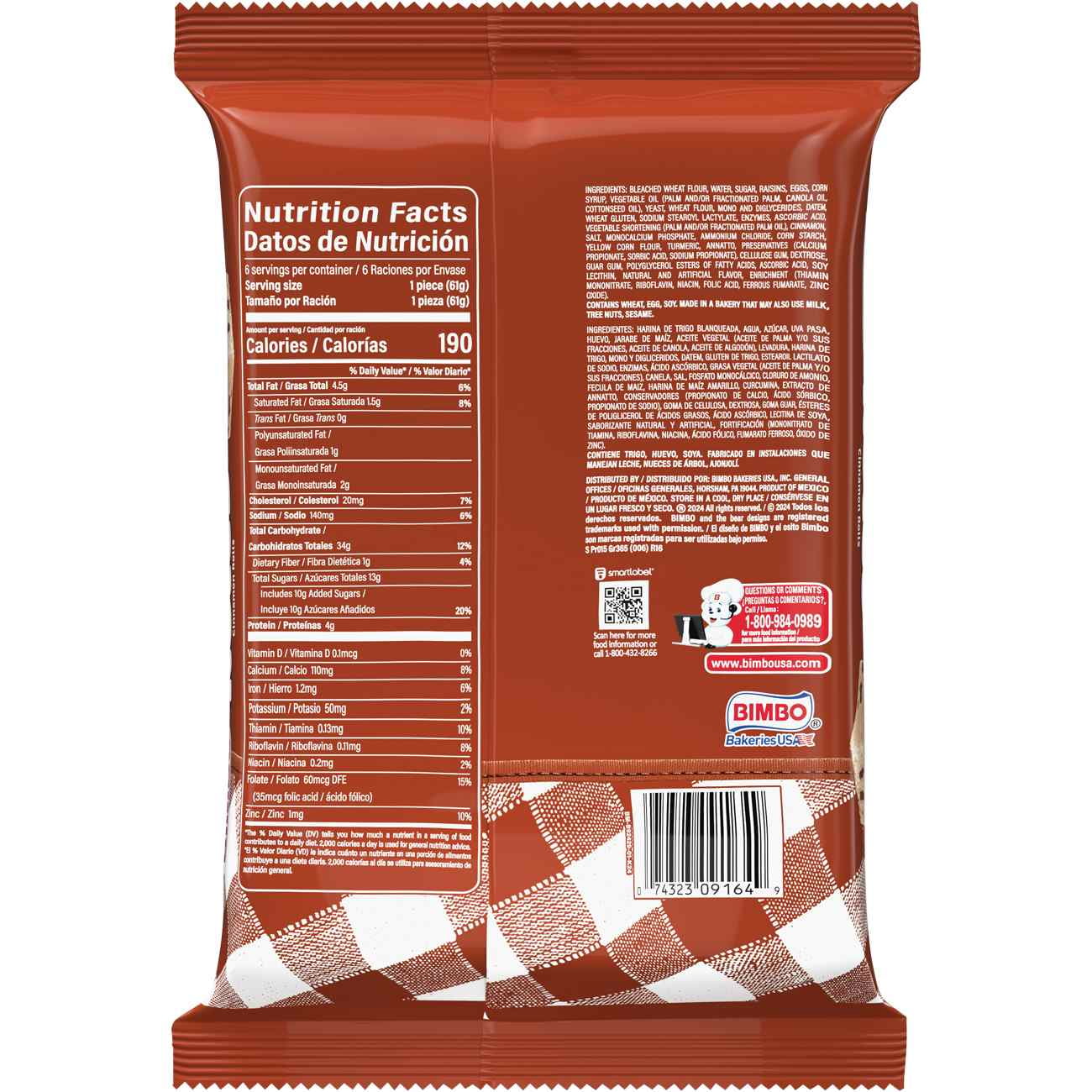 Bimbo Roles de Canela con Pasas Cinnamon Rolls with Raisins, 6 ct pack of 2