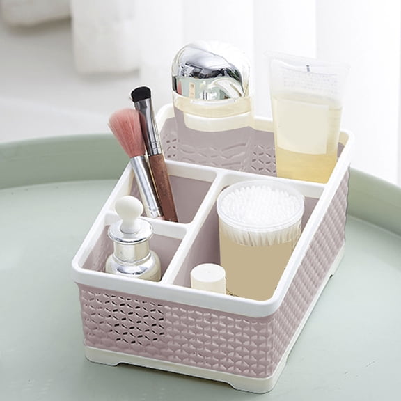 Cosmetic Organizer Box with Dividers, Desktop and Bathroom Storage Basket for Makeup Brushes and Cotton Swabs, Plastic Organizer with Hollow Design, Home and Office Desk Organizer Gift
