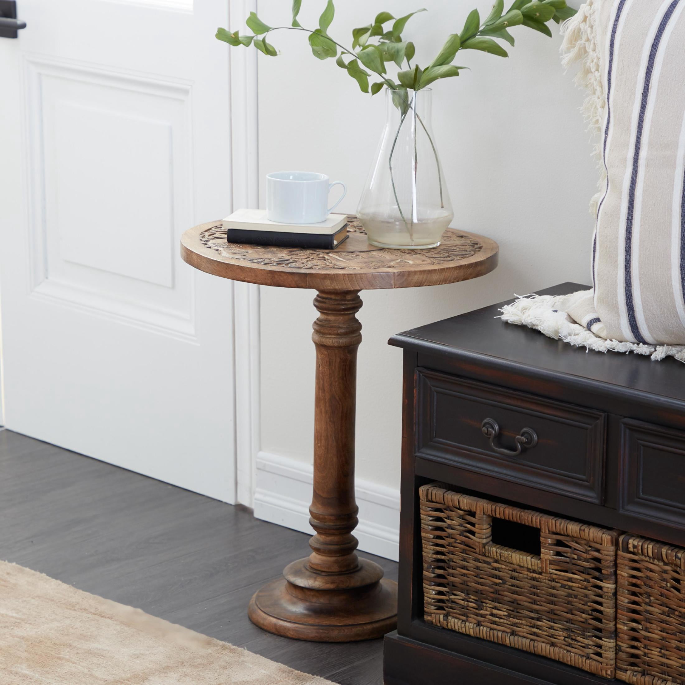 DecMode 17" x 21" Dark Brown Mango Wood Handmade Intricately Carved Elephant Accent Table with Turned Base, 1-Piece