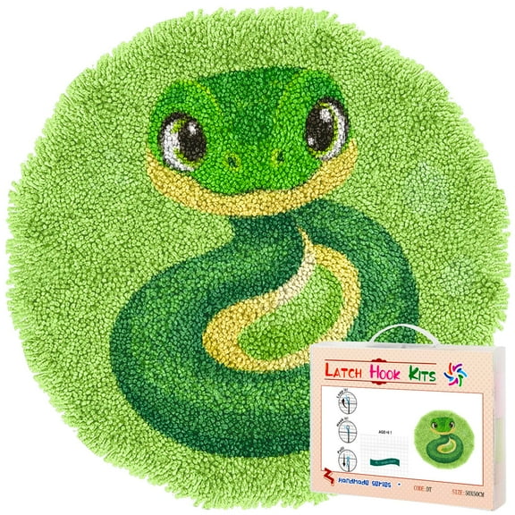 Latch Hook Rug Kit A Cartoon Cute Green Snake Stamped Handmade Round Shape Carpet Crochet Yarn Craft DIY Hook and Latch Door Mat Tapestry for Home Floor Decor 50x50cm