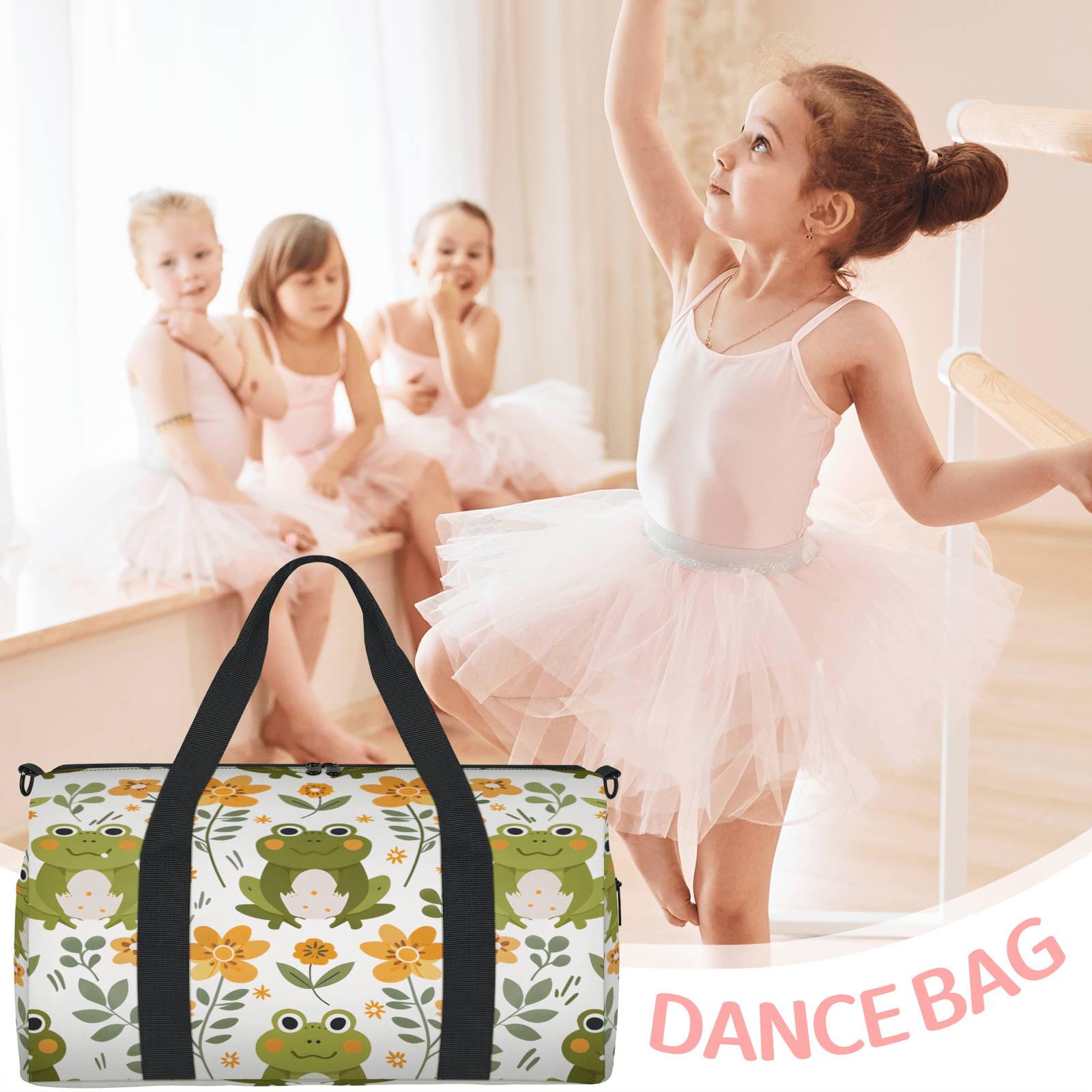 Herdesigns Cute Frog Gym Bag for Women, Duffle Bag for Travel Sport, Flower Lightweight Waterproof Carry on Weekender Dance Yoga Workout Bags