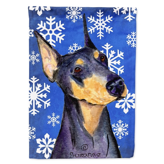Doberman Winter Snowflakes Holiday Flag Canvas House Size