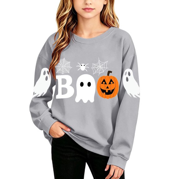 RUTAYY Girls Crewneck Sweatshirt Halloween Ghost Pumpkin Graphic Long Sleeve Kids Tops Casual Party Wear, Grey