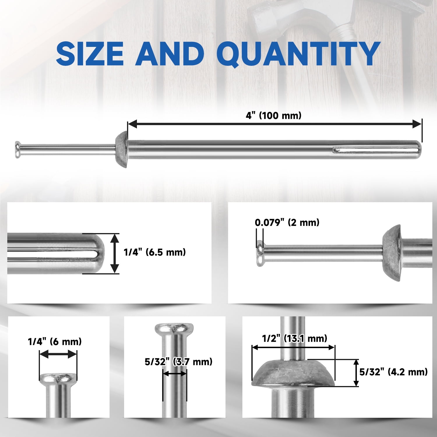 meite 1/4" Diameter Hammer Drive Anchors with Galvanized Steel Nails Set - 4" Length Expansion Nails for Concrete Walls