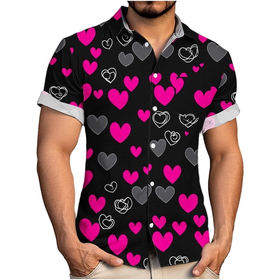 Tops for Men Graphic Shirt Short Sleeve Button Down Valentine Print Collar T-Shirt Hot Pink M