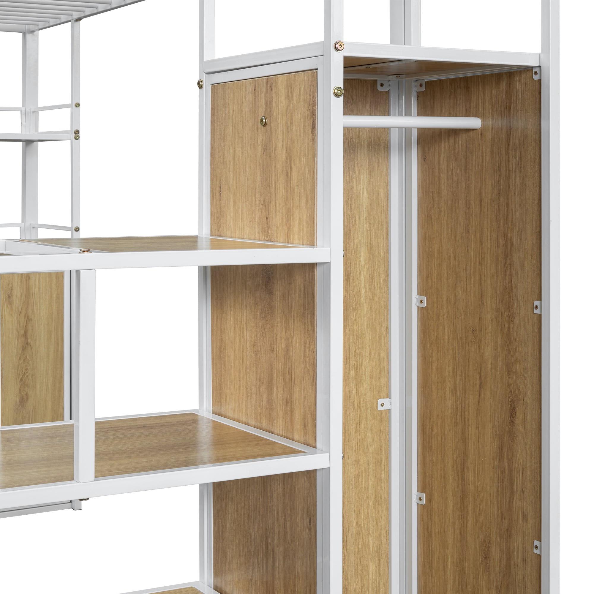 Euroco Metal Full Size Loft Bed with Desk and Wardrobe, Storage Staircase and Lockers for Kids Teens, White
