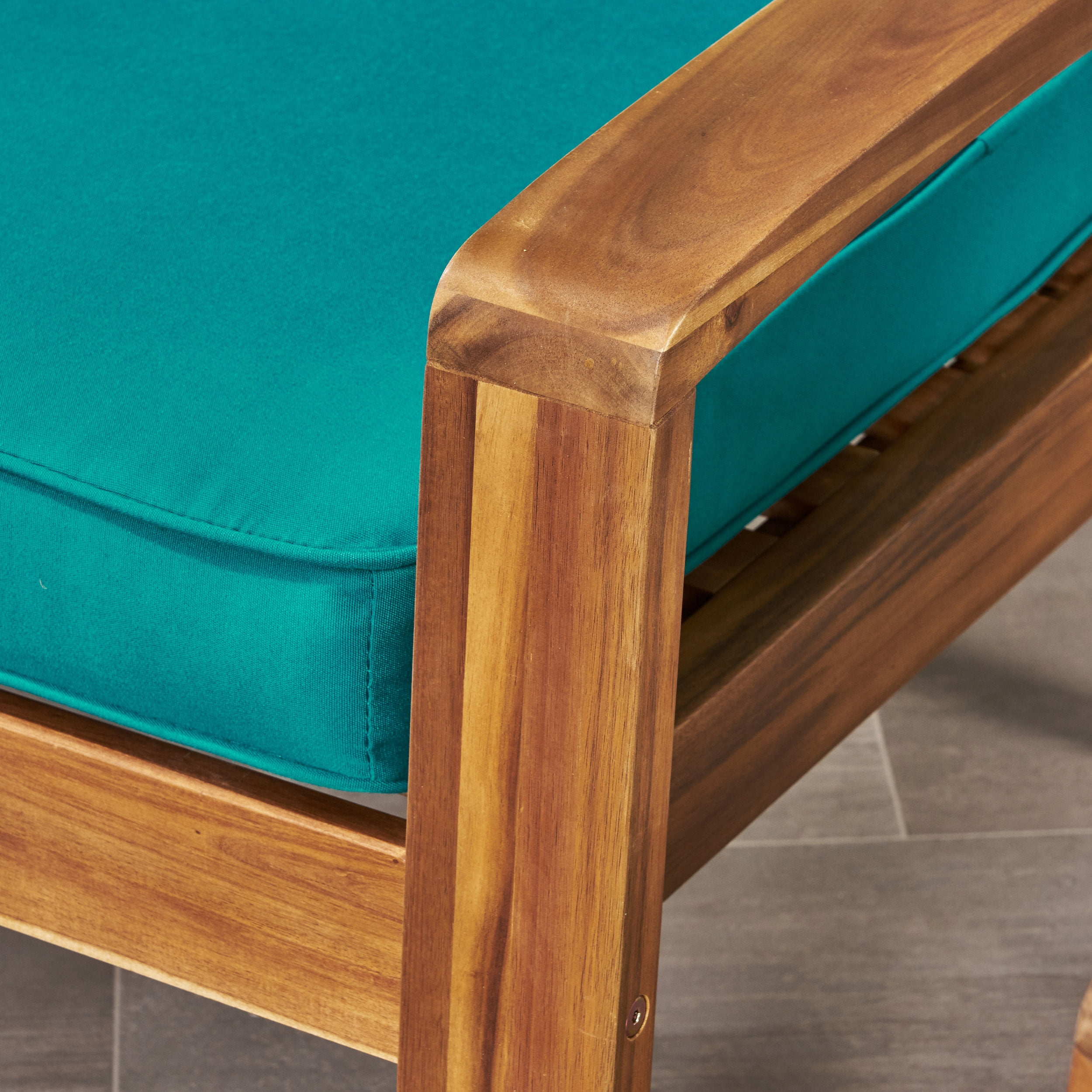 Wilcox Outdoor Acacia Wood Loveseat and Coffee Table Set with Cushions, Teak, Sunbrella Canvas Teal