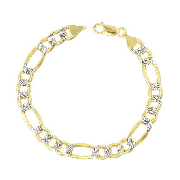 Nuragold 10k Real Yellow Gold Solid Figaro Link 8.5mm Diamond Cut Pave Chain Bracelet (8"-9") Two Tone Italian Jewelry for Men