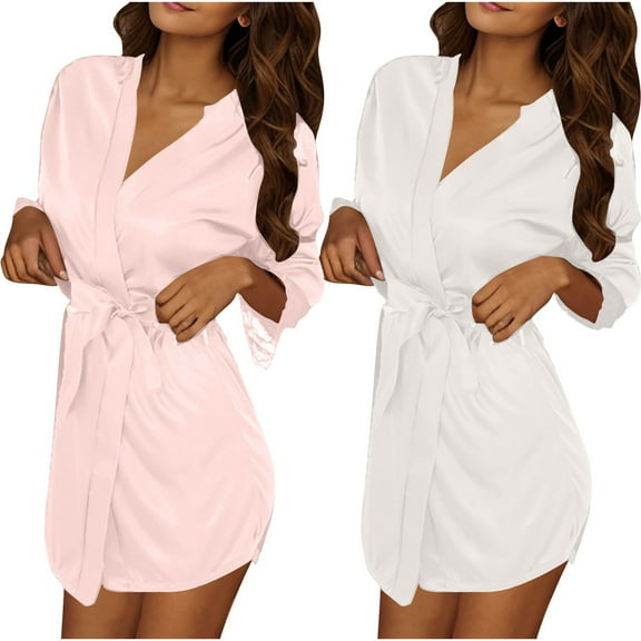 Lorytime Short Lightweight Bathrobes for Women Short Silk Belt Nightgowns V Neck Short Sleeve Sleepwear Loose Loungewear