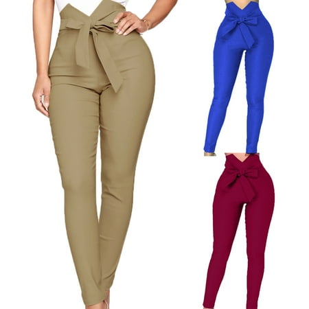 

Taluosi Chic Lady Solid Color High Waist Bow Belt Elastic Slim Fit Pencil Pants Trousers