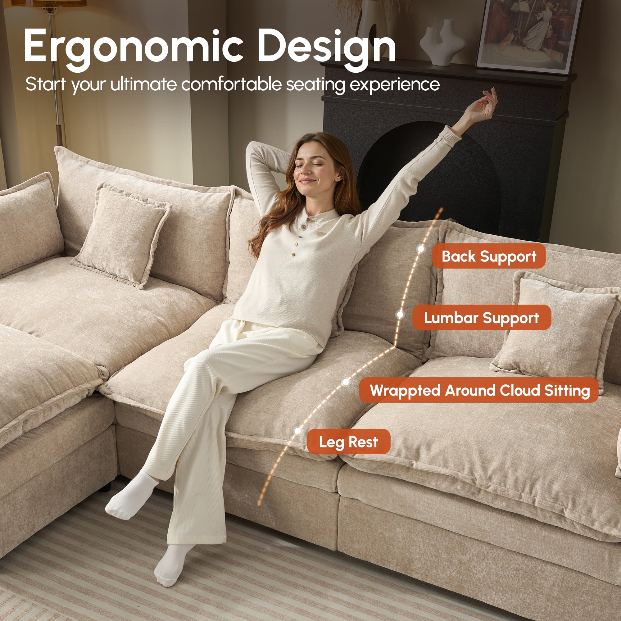 Ovios 108" Modular Sectional Sofa U-Shaped Cloud Couch with 2 Ottomans, Comfy Living Room Furniture, Chenille, Camel